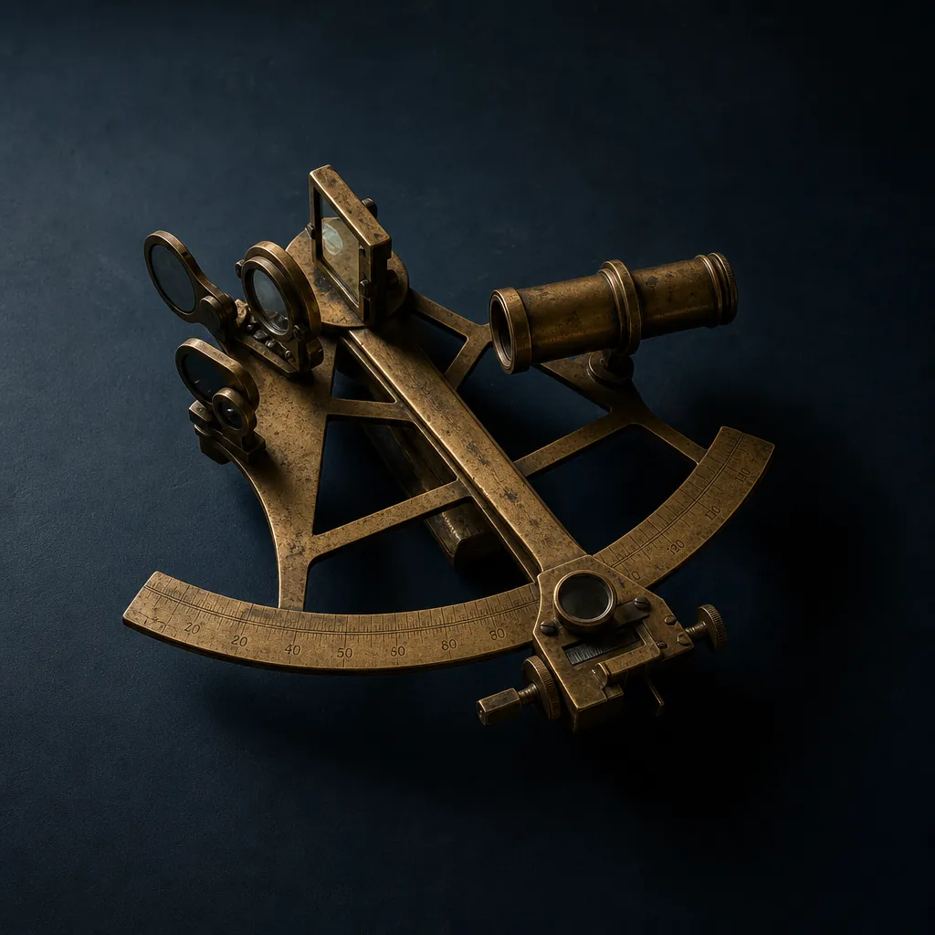 Brass sextant on midnight blue, symbol of navigation and strategy