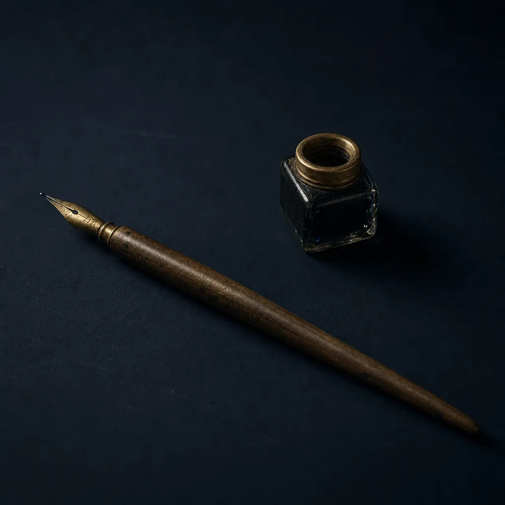 Calligraphy pen with inkwell on midnight blue, symbol of craft and precision