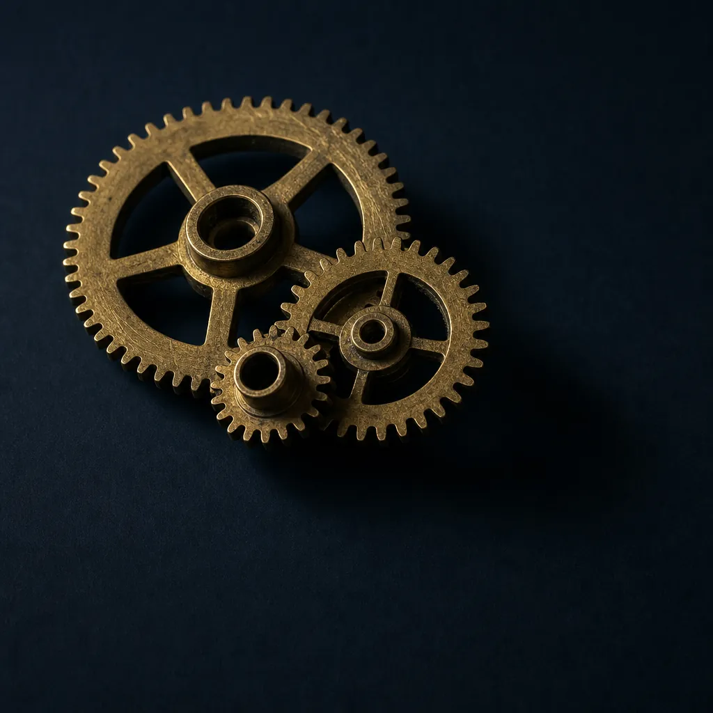 Interlocking brass cogs on midnight blue, symbol of orchestration